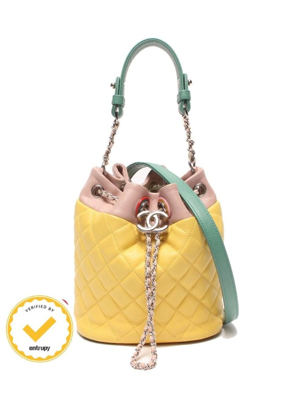 Chanel 2-Way Shoulder Bag Crossbody Silver Quilted Lambskin Drawstring CC Logo